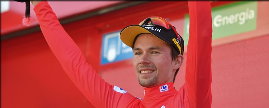 ROGLIC en maillot rouge à l'issue de la 14 ème étape arrivant à Oviedo, la vuelta 2019